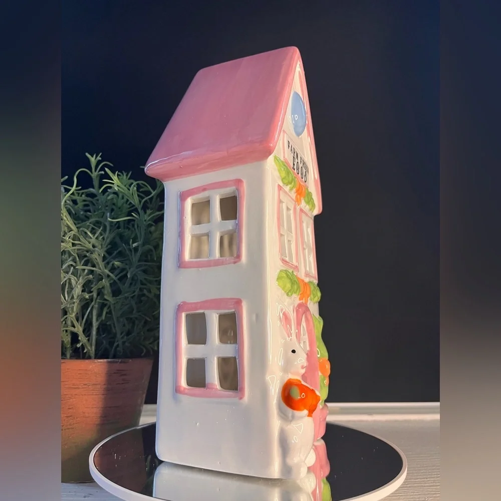 Ceramic Easter Farmhouse with Bunnies Light-Up Porcelain Tabletop Decor NWT